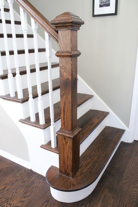 This might be cool for the stairs from the kitchen to the basement instead of carpeting. Remodeled 1920s Home, Stained Stair Railing, Dark Wood Staircase, Dark Wood Stairs, Stained Staircase, Stairs Entryway, Hardwood Staircase, Wooden Staircase Railing, Craftsman Staircase