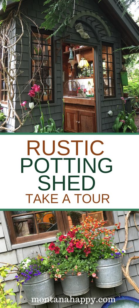 This gorgeous rustic potting shed will give you ideas on DIY things you can add to your refuge away from the world. Both the interior and exterior are showcased in this tour. #rusticpottingshed #pottingshed #pottingshedideas #pottingshedexterior #pottingshedinterior Potting Shed Interior Ideas, Potting Sheds Exterior, Garden Potting Shed, Shed Exterior Ideas, Garden Shed Interiors, Homestead Gardening, Shed Interior, Permaculture Design, Potting Sheds