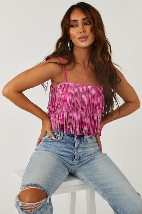 Magenta Rhinestone Studded Fringe Cami Top | Lime Lush Pink Fringe Top, Colorful Dresses Casual, Fringe Tank Top, Lime Lush Boutique, Rhinestone Top, Black Sweater Dress, Nashville Outfits, Cropped Flare Jeans, Cute Boutiques