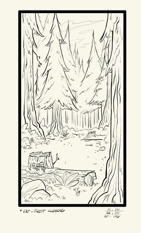 Carpathian Forest, Forest Sketch, Forest Clearing, Forest Drawing, Gravity Falls Art, Background Drawing, Nature Drawing, Cartoon Background, Forest Art