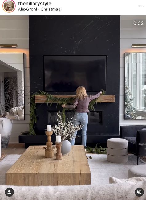 Black Modern Fireplace With Tv, Living Room Designs With Black Fireplace, Grey Modern Fireplace, Tall Black Fireplace Living Room, Fireplace Mcgee And Co, Dramatic Tv Wall, Masculine Fireplace Decor, Wall Art Next To Fireplace, Electric Fireplace Focal Wall