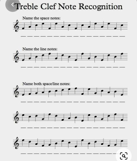 Copy this work sheet on your staff paper. Draw each treble clef and music notes. Then identify each note and label them at the bottom of the staff. If you have any questions text me. Sight Reading Music, Music Classroom Organization, Piano Worksheets, Bass Clef Notes, Music Printables, Beginner Piano Music, Fiddle Music, Rhythm Activities, Teaching Piano