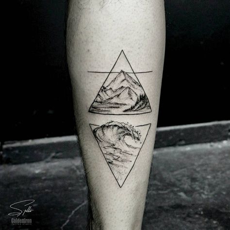 More mountains & waves Moutain Tattoos, Simbols Tattoo, Wellen Tattoo, Sea Tattoo, Triangle Tattoos, Forest Tattoos, Ocean Tattoos, Small Tattoos Simple, Mountain Tattoo