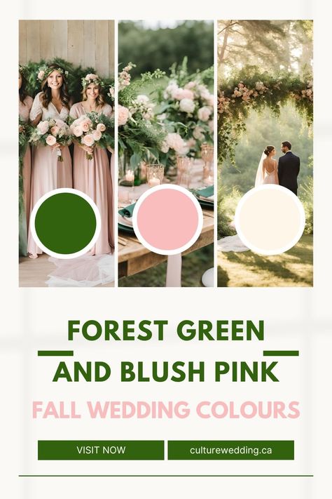 18 Best Fall Wedding Colour Ideas & Combinations for 2025 Summer Forest Wedding Colors, March Wedding Color Palette, Dark Green Pink Wedding, Blush Pink And Dark Green Wedding, Green And Light Pink Wedding, Green And Pink Wedding Colors, Dark Green And Pink Wedding, Green And Pink Wedding Theme, Fall Wedding Colours