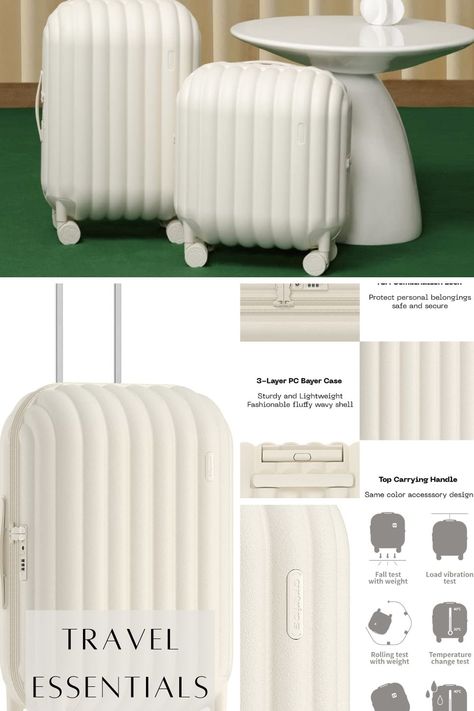 White Luggage Aesthetic, Designer Suitcase Luggage, White Suitcase Aesthetic, Aesthetic Luggage, Suitcase Aesthetic, White Suitcase, Luggage Aesthetic, Luxury Suitcase, Airport Attire