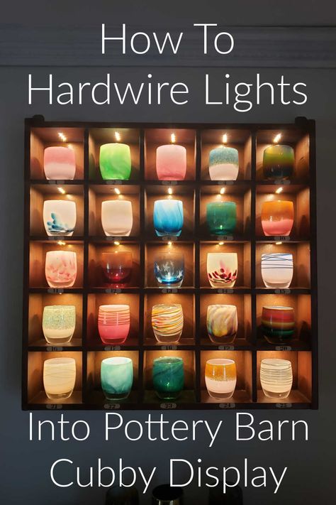 Glassybaby Display Living Rooms, Ideas For Filling Glass Jars Display, Glassy Baby Display, Candle Storage Ideas, Pottery Cube Shelf Display, Glassybaby Displays, Glass Shelves With Led Lights, Kyber Crystal Display, Amiibo Display Shelf