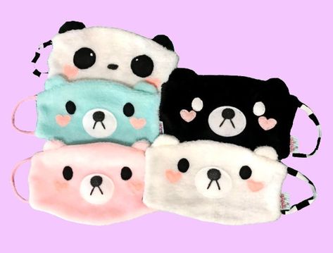 Kawaii Face Mask, Panda Items, Cute Beret, Face Mask Aesthetic, Face Mask Cute, Panda Face, Bear Mask, Animal Face Mask, Kawaii Faces