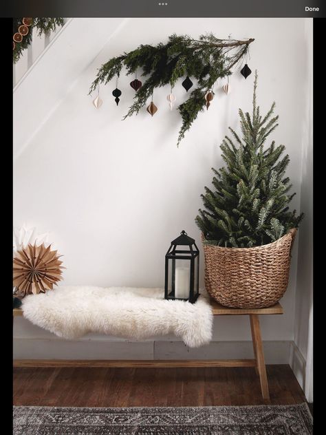 Hallway Decoration Ideas, Christmas Tree In A Basket, Scandi Christmas Decor, Rustic Christmas Tree Ideas, Scandi Christmas Decorations, Christmas Hallway, Emily Henderson Design, Charlie Brown Tree, Holiday Living Room