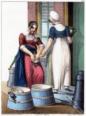 Dutch costumes. A servant of Amsterdam, 1828. 1820s Fashion, 19th Century Women, Regency Gown, Regency Era Fashion, 19th Century Clothing, Regency Dress, Dress History, Regency Fashion, European Dress