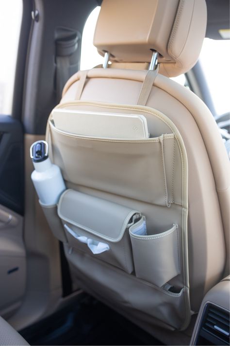 Car Seat Back Organizer, Back Of Car Seat Organizer, Helpful Car Accessories, Car Organisation Aesthetic, Car Stuff Aesthetic, Feminine Car Accessories, Aethstetic Car Interior, Car Cute Accessories, Neutral Car Accessories