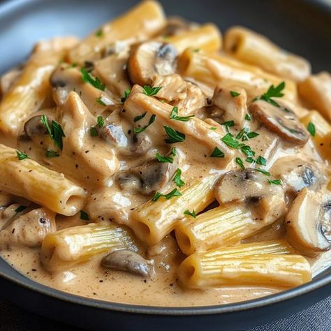 Tasty Recipes & Cooking Ideas by Thalia's Tasty | Creamy Chicken Mushroom Pasta with Rigatoni | Facebook Chicken Mushroom Fettuccine, Creamy Chicken Mushroom Pasta, Chicken Madeira, Creamy Chicken Mushroom, Chicken Mushroom Pasta, Rigatoni Recipes, Italian Romance, Rigatoni Pasta, Chicken Mushroom