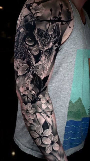 Realism Rose Tattoo, Photorealism Tattoo, White Owl Tattoo, Realistic Owl Tattoo, Owl Tattoo Sleeve, Tattoo Homme, Animal Sleeve Tattoo, Wolf Tattoo Sleeve, Realistic Tattoo Sleeve