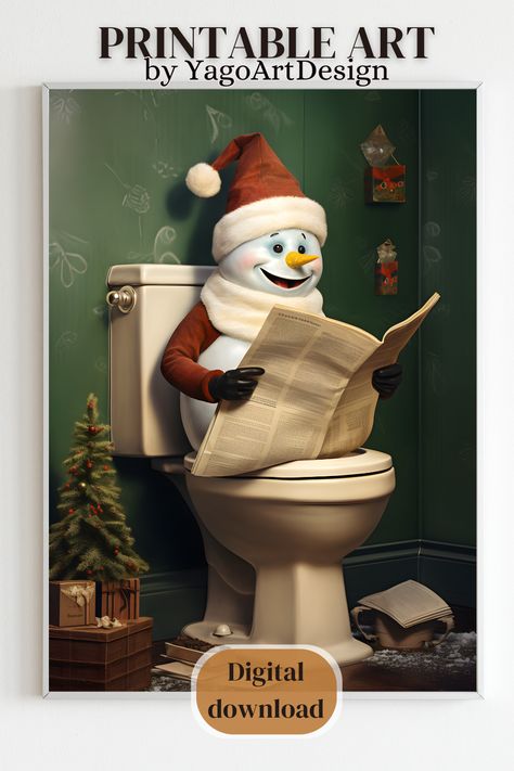 Snowman Bathroom Decor, Holiday Bathroom Decor, Bathroom Decor Christmas, Holiday Bathroom, Funny Bathroom Art, Vintage Snowman, Funny Paintings, Christmas Painting, Christmas Cute