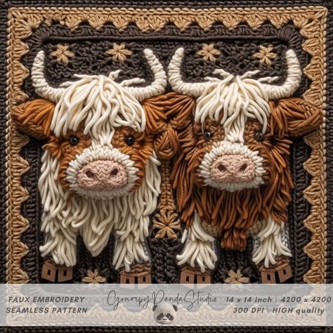 3d Crochet Highland Cow Seamless Pattern, Granny Square, Faux Embroidery Wool Knit Fabric, Farm Animals Print, Shaggy Brown Longhorn Cow Fake Embroidery, Crochet Seashell Applique, Seashell Applique, Cow Bedroom, Highlander Cows, Crochet Highland Cow, Crochet Seashell, Highland Cow Crochet, Cow Crafts