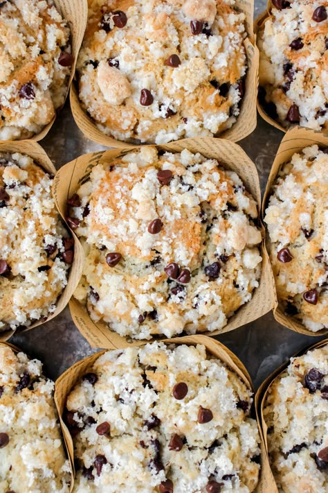 These bakery style Chocolate Chip Crumble Muffins are everything you want in a breakfast treat! They are moist, packed with mini chocolate chips and topped with a buttery crumble. Delicious Breakfast Muffins, Top Muffin Recipes, Muffins With Chocolate Chips, Best Bakery Muffins, Muffin Recipes With Crumble, Magnolia Muffins, Mini Chocolate Chip Desserts, Desserts With Mini Chocolate Chips, Bakery Muffin