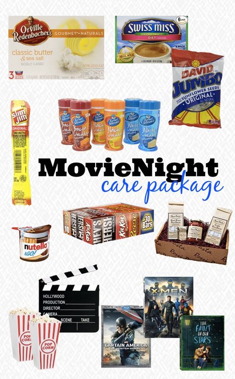 Movie Night Care Package Ideas - Send a College Student you love a surprise in the mail or turn this into a fun Christmas gift! {The Love Nerds} #AmazonWishList #AmazonHasIt Family Movie Night Gift, Redbox Gift, Popcorn Gift Basket, Movie Basket Gift, Movie Night Basket, Movie Night Gift Basket, Care Package Ideas, Movie Night Gift, Dollar Tree Gifts