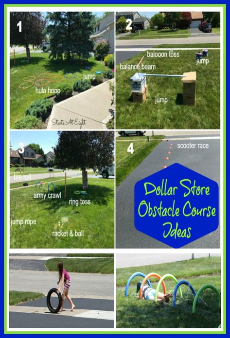 Dollar Store Obstacle Course Ideas from Starts At Eight. Using Dollar Store products we created a super fun and active birthday party with tons of obstacle course ideas put together to create one fun course! Outdoor Team Games, Toddler Obstacle Course, Obstacle Course Ideas, Fitness Games For Kids, Nella The Princess Knight, Summer Outdoor Games, Backyard Party Games, Backyard Obstacle Course, Toddler Party Games