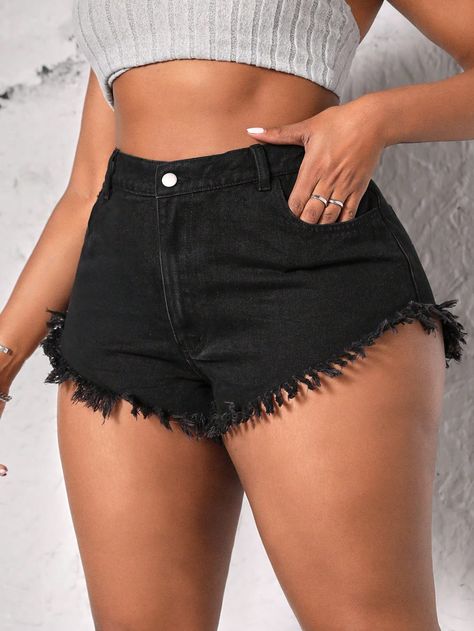 Pantalones cortos vaqueros de talla grande para mujeres con diseño deshilachado Negro    Mezclilla Liso Pierna ancha No-Elástico  Women Plus Clothing, size features are:Bust: ,Length: ,Sleeve Length: Cute Shorts, Denim Pant, Kids House, Plus Clothing, Women Clothes Sale, Length Sleeve, Denim Shorts, Casual Outfits, Kids Outfits