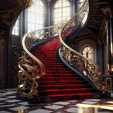 Fancy Staircases, Intricate Staircase, Fantasy Staircase, Fancy Stairs, Modern Glam Farmhouse, Staircase Accent Wall, Fancy Staircases Grand Entrance, Railings Stairs, Palace Staircase Aesthetic