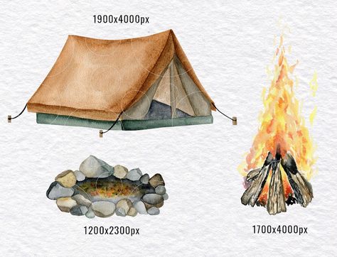 Camping Clipart, Hand Drawn Elements, Vintage Clipart, Summer Watercolor, Watercolor Art Lessons, Hiking Equipment, Sticker Wall Art, Watercolor Clipart, Png Format