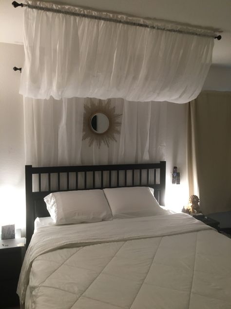 Canopy Drapes Over Bed, Over Bed Curtain Ideas, Drapes Above Bed, Canopy Bed Curtains Diy, Curtain Rod Bed Canopy, Hanging Curtains Over Bed, Curtain Drape Over Bed, Bed With Curtains Behind, Curtains On Wall Behind Bed