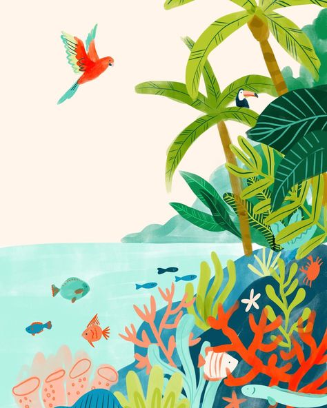 Rainforest + Reef. Love the idea of these two being connected 🌴🪸 #livingland2024 * * * #rainforest #coralreef #coral #landscapeillustration #illustrationartists #natureillustration #artlicensing #tropicalillustration #tropicalart Coral Reef Illustration, Rainforest Illustration, Coral Illustration, Rainforest Art, Coral Reef Art, Typography Ideas, Tropical Illustration, Work Art, Tropical Art