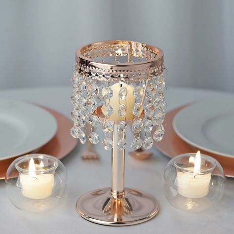 8" Blush | Rose Gold Crystal Beaded Chain Votive Tealight Candle Holder With Metal Stand | Tablecloths Factory – tableclothsfactory.com Rose Gold Centerpiece Birthday, Rose Gold Candle Holder, Rose Gold Centerpiece, Glass Candle Stand, Centerpiece Birthday, Rose Gold Candle, Gold Centerpiece, Gold Candle Holder, Chandelier Candle Holder