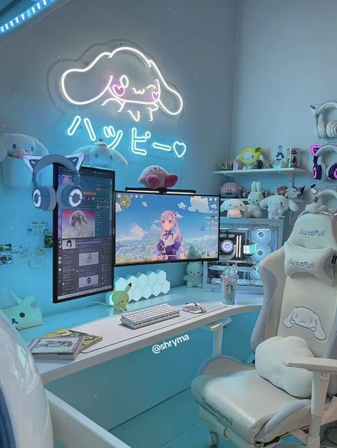 #pcsetup #bluesetup #pcgaming #gamingsetup #gaming #blue #cinamoroll #sanrio #cutesetup #cutedecor Gaming Desk Setup, Gamer Room Decor, Pc Gaming Setup, Desktop Setup, Room Redesign, Anime Room, Gaming Room Setup, Cute Room Ideas, Cute Bedroom Decor