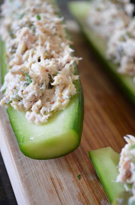 Tuna Salad Stuffed Cucumbers — From Scratch with Maria Provenzano Stuffed Cucumbers, Best Tuna Salad Recipe, Healthy Foods To Make, Healthy Food Menu, Quit Drinking, Healthy Food Facts, Recipes Appetizers And Snacks, Smoothie Diet Plans, Lost 100 Pounds