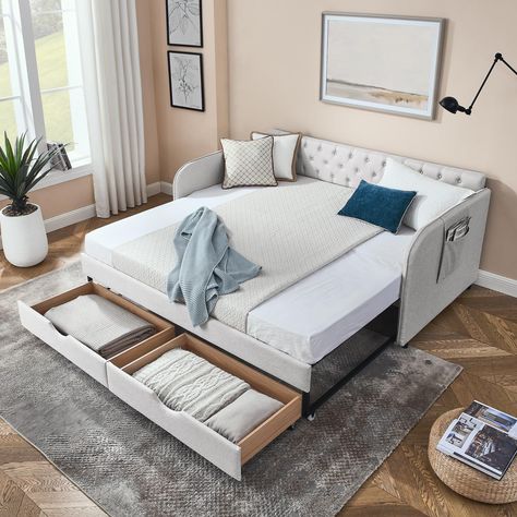 PRICES MAY VARY. 😍 Twin to King Extendable Design: Do you want more sleeping space but don't want to take up too much space? Then this Twin to King design bed frame is a great solution to that worry. Sleek rolling wheels allow this upholstered bed to easily expand from a twin size to a king size daybed for everyday use, as well as providing a place for guests to sleep when they arrive. 😍 Two Storage Drawers & a Pocket: Our twin daybed comes with two large capacity drawers for extra storage spa Queen Daybed, Day Bed Frame, Full Size Daybed, Sofa Bed Frame, Daybed With Drawers, Wood Daybed, Daybed With Storage, Upholstered Daybed, Daybed With Trundle