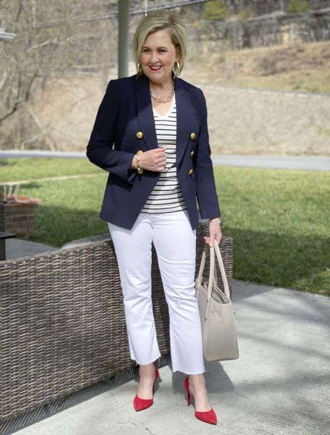 Fashion Blogger 50 Is Not Old dressed like a french woman in stripes, a navy blazer, white jeans, and red high heels School Reunion Outfit, Reunion Outfit, White Pants Outfit, High School Reunion, Look Plus Size, School Reunion, Class Reunion, Formal Outfits, International Women's Day