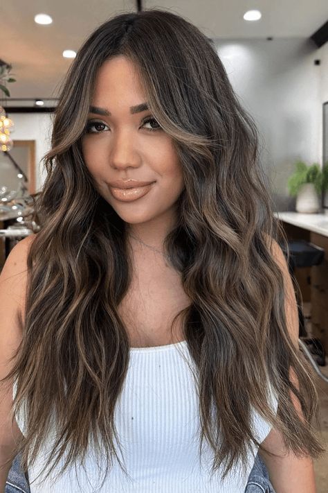 ashy brunette hair, hair color trends, hair transformation Dark Brown Hair With Ash Highlights, Ashy Brunette Hair, Teasy Lights Brunette, Ashy Brunette, Brunette Hair Ideas, Brunette With Lowlights, Ash Brunette, Ash Highlights, Ashy Brown