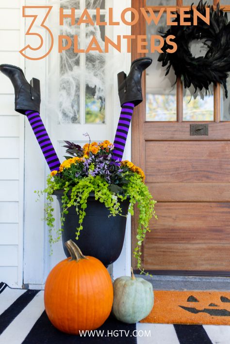 3 DIY Porch Planters for Halloween | HGTV.com Halloween Planter Ideas, Halloween Ghost Decorations, Casa Halloween, Pumpkin Topiary, Porch Planters, Diy Halloween Decor, Garden Wallpaper, Halloween Porch Decorations, Halloween Front Porch