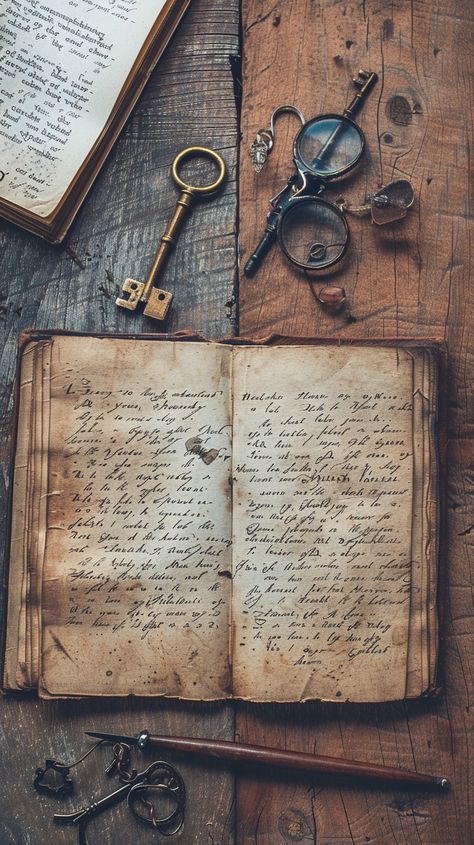 Antique Writing Essentials: An open antique book rests on a wooden desk alongside a vintage key and glasses. #antique #book #vintage #writing #desk #aiart #aiphoto #stockcake ⬇️ Download and 📝 Prompt 👉 https://ayr.app/l/hDgQ Vintage Key Aesthetic, Old Journal Aesthetic Writing, Opened Book Aesthetic, Vintage Book Photography, Genealogy Aesthetic, Vintage Writing Aesthetic, Open Book Picture, Old Writing Aesthetic, Type Writer Aesthetic Vintage