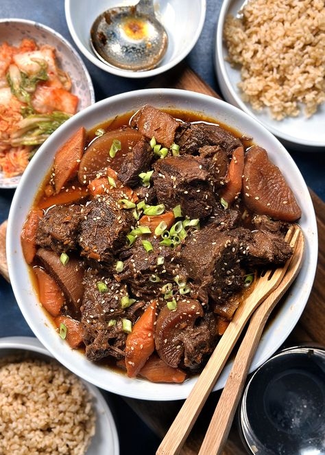 Galbi Jjim-ish Korean Beef Stew, Boneless, Better, and Budget-friendly - The Delicious Life Beef Galbi Jjim, Korean Galbi Jim, Korean Roast Beef, Galbi Jjim Recipe Korean Beef, Korean Beef Bone Soup, Galbi Recipe Korean Beef, Korean Beef Soup Recipe, Asian Beef Recipes, Korean Kimchi Stew