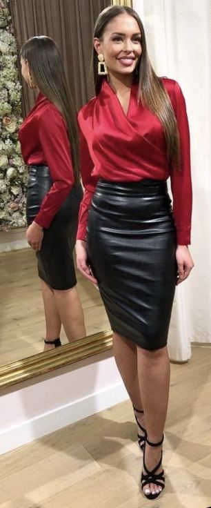 Really like the combo of this wrap-over blouse with the wet-look skirt. Leather Skirt And Satin Blouse, Silk Blouse Leather Skirt, Vinyl Skirt Outfit, Red Satin Skirt Outfit, Wrap Blouse Outfit, Red Satin Top, Red Satin Skirt, Black Satin Skirt, Satin Skirt Outfit