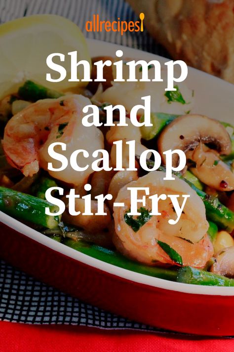 Shrimp And Scallop Stir Fry, Seafood Stirfry Recipes, Shrimp And Scallop Casserole Recipes, Shrimp And Scallop Stir Fry Recipe, Seafood Stir Fry Recipe, Scallop Stir Fry Recipes, Scallop Stir Fry, E2m Meals, Seafood Stir Fry