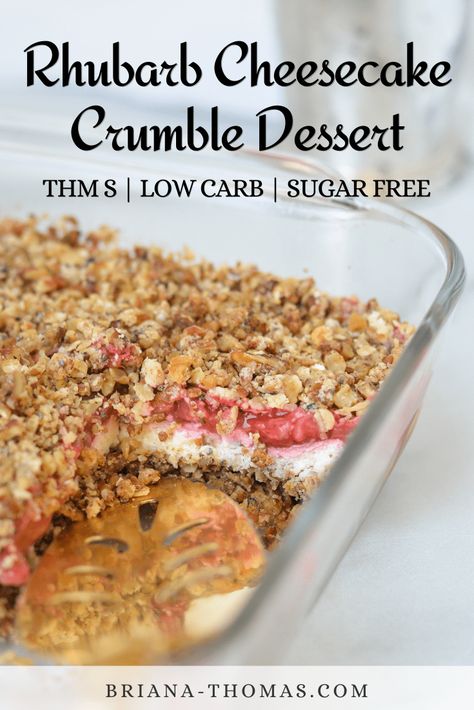 This Rhubarb Cheesecake Crumble Dessert has a layer of baked cheesecake, a layer of tart rhubarb jam, and lots of great texture! The crust reminds me of the base to a strawberry pretzel dessert. THM S, low carb, sugar free, gluten free. #thm #trimhealthymama #thmrhubarbrecipes #lowcarbrhubarbdessert #sugarfreerhubarbdessert #glutenfreerhubarb dessert Sugar Free Rhubarb Recipes, Cheesecake Crumble, Strawberry Rhubarb Bars, Rhubarb Cheesecake, Pretzel Dessert, Strawberry Pretzel Dessert, Trim Healthy Mama Dessert, Rhubarb Desserts, Baked Cheesecake