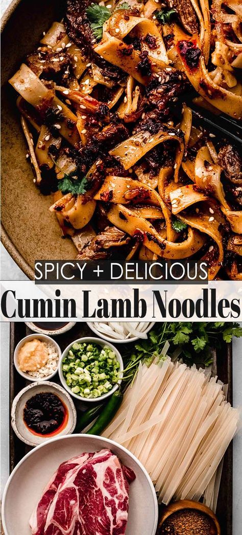 These boldly flavored Cumin Lamb Noodles are just as delicious as the restaurant version but use much more accessible ingredients. Made with tender lamb shoulder and toasted spices, you’re going to want to make this for more than just special occasions! // spicy // wide noodles Spicy Cumin Lamb Noodles, Lamb Cumin Noodles, Lamb Noodles Recipes, Lamb Noodle Recipes, Lamb Ground Recipes, Ground Lamb Pasta, Xinjiang Food, Lamb Shoulder Recipes, Cumin Lamb Noodles