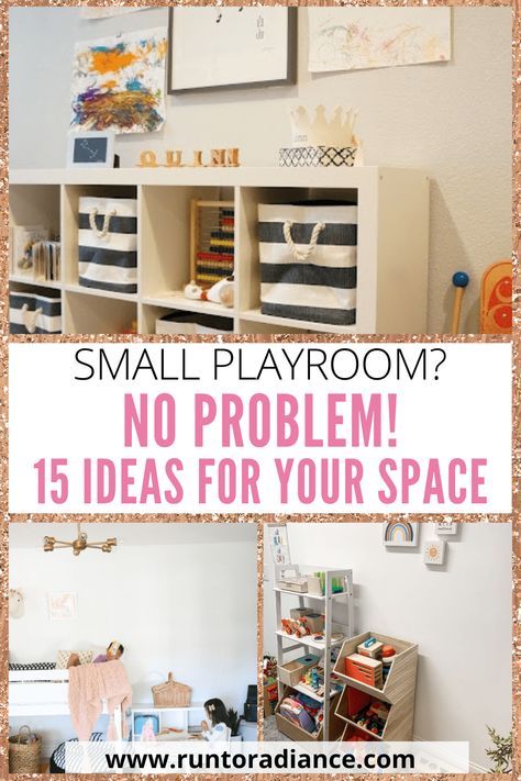 15 Small Playroom Ideas For Any Space & Budget Half Living Room Half Playroom, Mini Playroom Ideas, Kids Play Area In Living Room Small Spaces, Small Playroom Organization Ideas, Playroom Ideas For Small Spaces, Small Play Area Ideas In Living Room, Toy Area In Living Room Small Spaces, Long Narrow Playroom, Small Playroom Office Combo Ideas