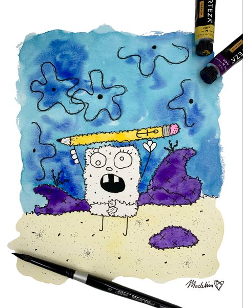 Original Doodle Bob // spongebob // watercolor // scribblism Spongebob Watercolor, Bob Spongebob, Doodle Bob, Watercolor Ideas, Big Bowl, Hello Everyone, Summer Vibes, Marketing And Advertising, Mood Board