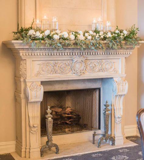 Reception fireplace mantle garland 6 floating candles Maybe Mirror in the middle? Wedding Flowers Mantel, Simple Fireplace Wedding Decor, Fireplace Arrangements Wedding, Mantle Flower Arrangements Wedding, Fireplace Mantel Wedding Flowers, Chimney Wedding Decor, Flowers On Mantle Wedding, Fireplace Mantle Decor For Wedding, Wedding Fireplace Florals