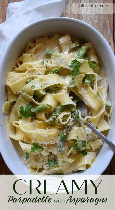 Creamy pasta dishes are great any time of year, even in the summer. This Creamy Parpadelle with Asparagus is full of creamy richness and on your dinner table in just 15 minutes! A great dinner at the end of a busy day. #quickdinners #easypastadishes #creamypastadishes Creamy Pasta With Asparagus, Pappardelle Recipes, Parpadelle Pasta, Pappardelle Recipe, Pasta With Asparagus, Creamy Pasta Dishes, Cooking Cream, Italian Pasta Recipes, Pasta Dinners