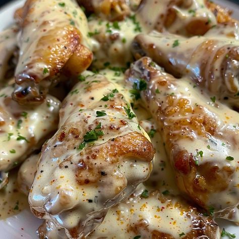 Baked Chicken Wings Cream Of Mushroom, Chicken Alfredo Bundt Pan Recipe, Crockpot Chicken Alfredo Buffalo Wild Wings, Chicken Fediccini Alfredo, Allrecipes Alfredo Sauce, Baked Wings, Crispy Wings, Buffalo Sauce, Chicken Alfredo