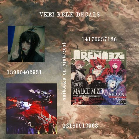 i might start uploading my own vkei decals… theres such a limited amount Rh Decals, Roblox Pfp, Roblox Image Ids, Malice Mizer, Bloxburg Decals, Royale High, Roblox Codes, Band Posters, Visual Kei