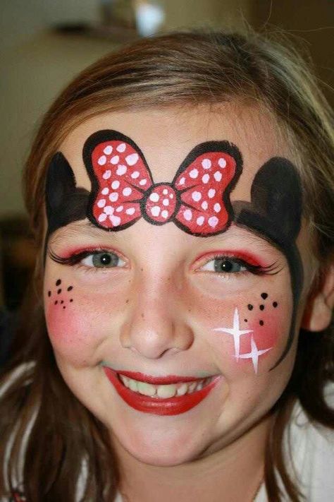 Minnie Mouse face painting, but without the now and ears on the forehead. Minnie Mouse Face Paint, Minnie Mouse Face Painting, Mouse Face Paint, Face Painting For Kids, Mickey Mouse Themed Birthday Party, Girl Face Painting, Face Painting Easy, Kids Face Paint, Cool Face