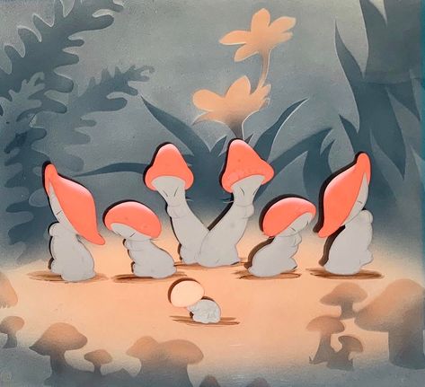 Original Animation Cel of Mushrooms from "The Nutcracker Suite" sequence of "Fantasia," 1940 Fantasia Mushrooms, Disney Nutcracker, Cel Animation, Disney Fantasia, Animation Cel, Fantasia Disney, Autumn Illustration, Animation Artwork, Walt Disney Studios