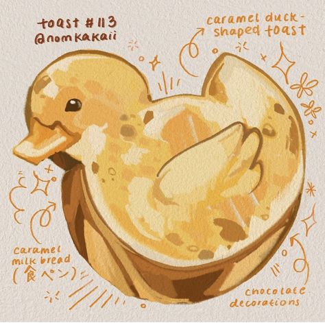 by nomkakaii Duck Bread, Drawing Of Food, Kwek Kwek, Kawaii Food Art, Food Art Illustration, Bakery Illustration, Food Studies, Food Lettering, Breakfast Art