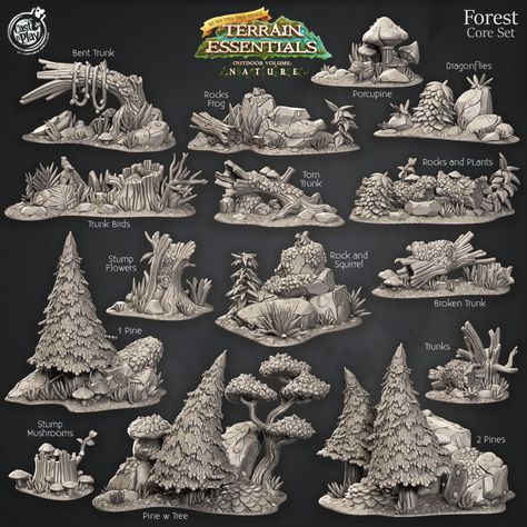 The perfect selection of woodland scatter terrain to make your tabletop roleplaying games more fun and interesting! Perfect for Dungeons and Dragons, Pathfinder and tabletop wargaming. MATERIALS All of our miniatures are 3D printed in high quality, navy grey coloured UV resin to 32mm scale. Flexible, yet durable, these miniatures are perfect for tabletop RPG games. NOTE: the item is delivered in parts and unpainted - assembly may be required. The model will be cured and cleaned; I ensure to do my best to remove all traces of the printing supports however some small marks may remain on the model from this process. These are usually undetectable once the model is primed and painted. ABOUT ME I am an avid wargaming and tabletop RPG fan and have been for a long time. Over the years I have amas Dungeon Terrain, Fantasy Settings, Dnd Minis, Matcha Cake, Forest Core, 3d Printers, Set Free, Miniature Toys, Tabletop Games