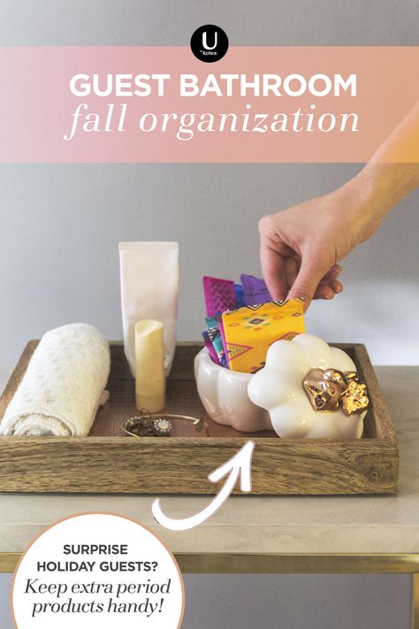 Keep your holiday guests happy by leaving a tray with helpful items, like a fall-themed container for pads, tampons and liners!   They’ll find everything they need in one spot – especially if they forgot to pack for their period!   Stock up on U by Kotex® with a limited time coupon now! Workplace Bathroom, Kotex Pads, Fall Organization, Bathroom 2023, Tampon Storage, Rental Bathroom, Pads Tampons, Feminine Hygiene, I Have A Dream